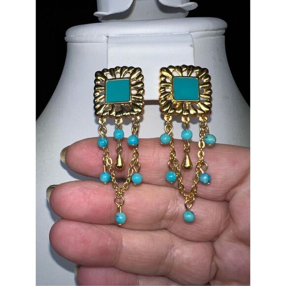 Vintage Boho Gold Tone Enameled and Bead Dangle Earrings - Picture 3 of 7